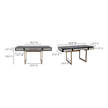 Modern Home Office Desk – Solid Black Oak Frame, 3 Drawers, Brass Gold Accents