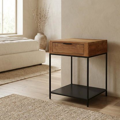 Solid Teak Side Table with Drawer, Contemporary End Table for Living Room,Brown
