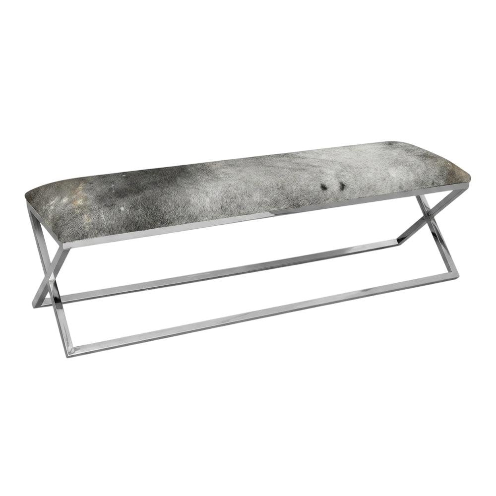 Cowhide Upholstered Bench, Contemporary Entryway Bench for Living Room, Gray