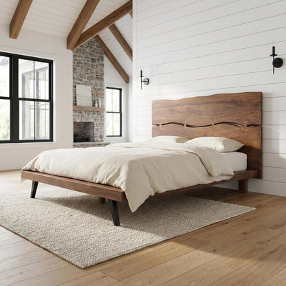 Queen Platform Bed with Headboard, Industrial Wood Bed Frame for Bedroom,Brown