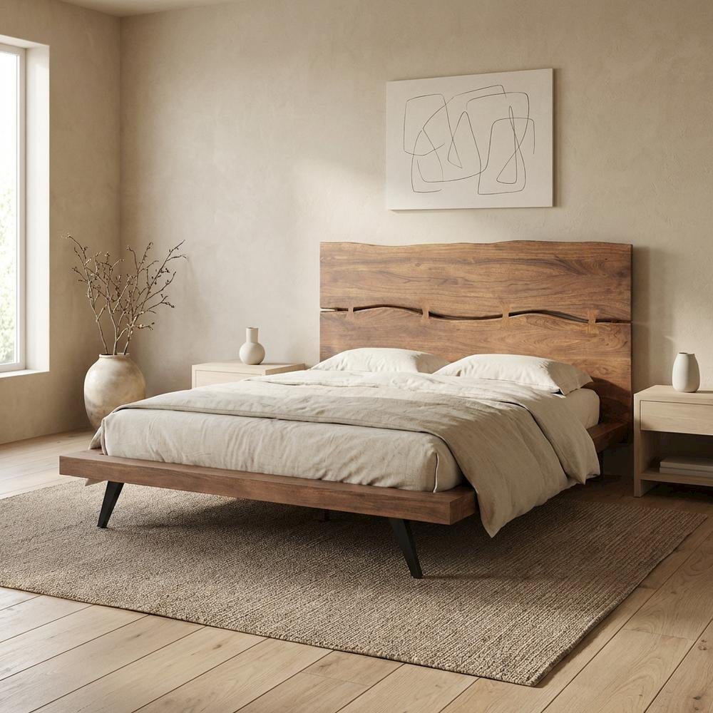Queen Platform Bed with Headboard, Industrial Wood Bed Frame for Bedroom,Brown