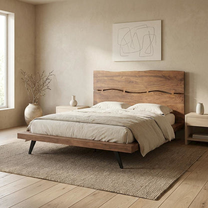 Queen Platform Bed with Headboard, Industrial Wood Bed Frame for Bedroom,Brown