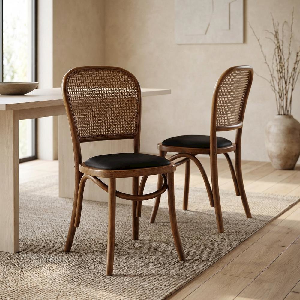 Rattan Upholstered Dining Chairs Set of 2, Rustic Accent Chair,Brown
