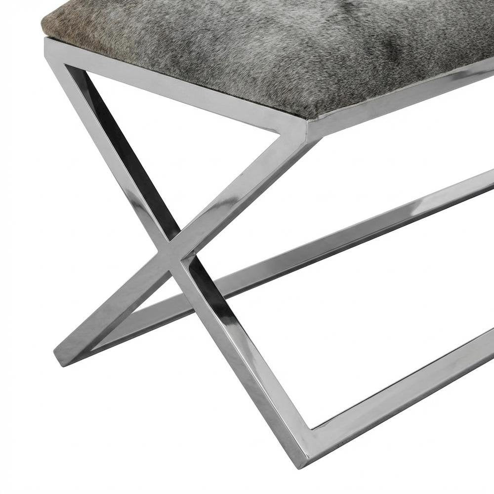 Cowhide Upholstered Bench, Contemporary Entryway Bench for Living Room, Gray