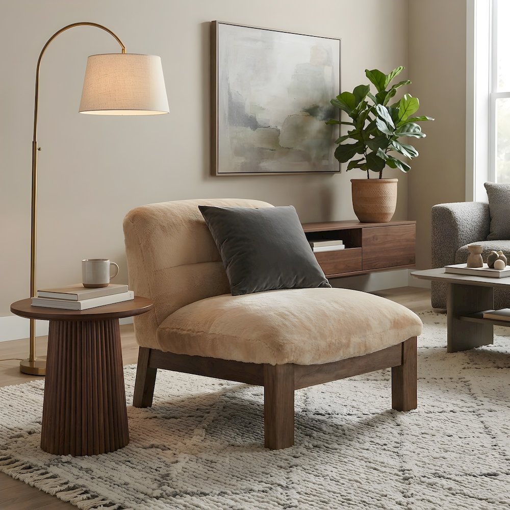 Faux Fur Armless Accent Chair with Tufted Foldover Back for Lounge Seating