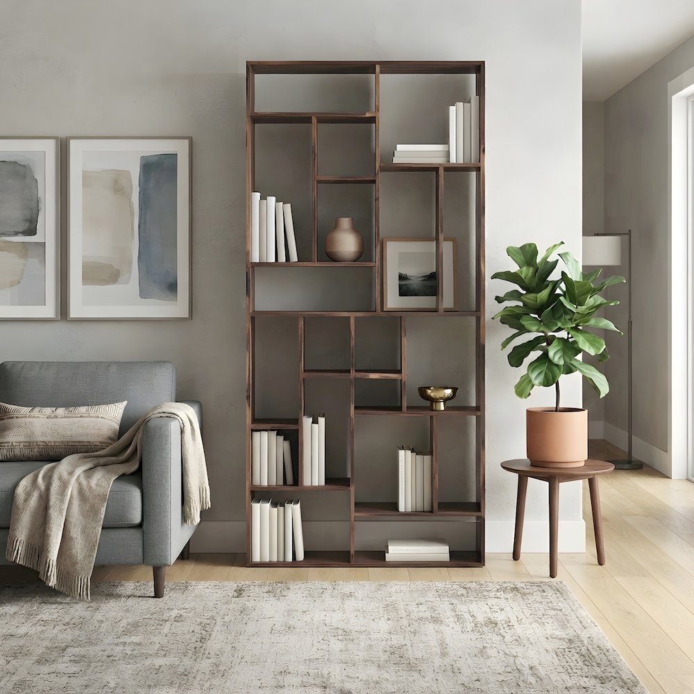 Solid Walnut Bookshelf with Ten Open Shelves and Finished Back