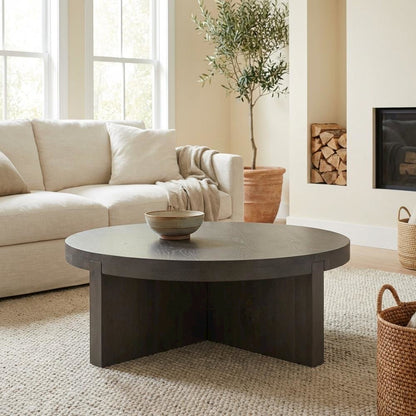 Brown Solid Oak Round Coffee Table with Matt Finish and Contemporary Design
