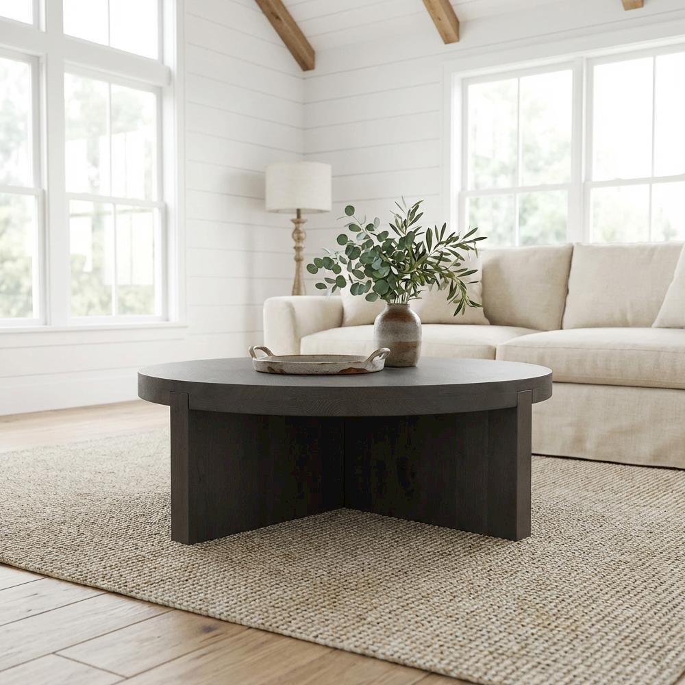 Brown Solid Oak Round Coffee Table with Matt Finish and Contemporary Design