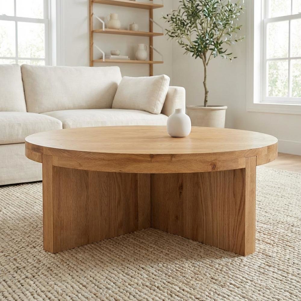 Brown Solid Oak Round Coffee Table Authentic Finish Contemporary Design