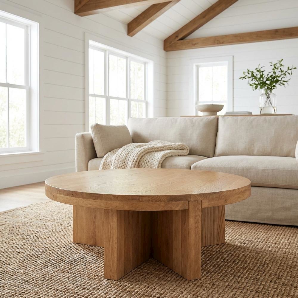 Brown Solid Oak Round Coffee Table Authentic Finish Contemporary Design