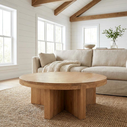Brown Solid Oak Round Coffee Table Authentic Finish Contemporary Design