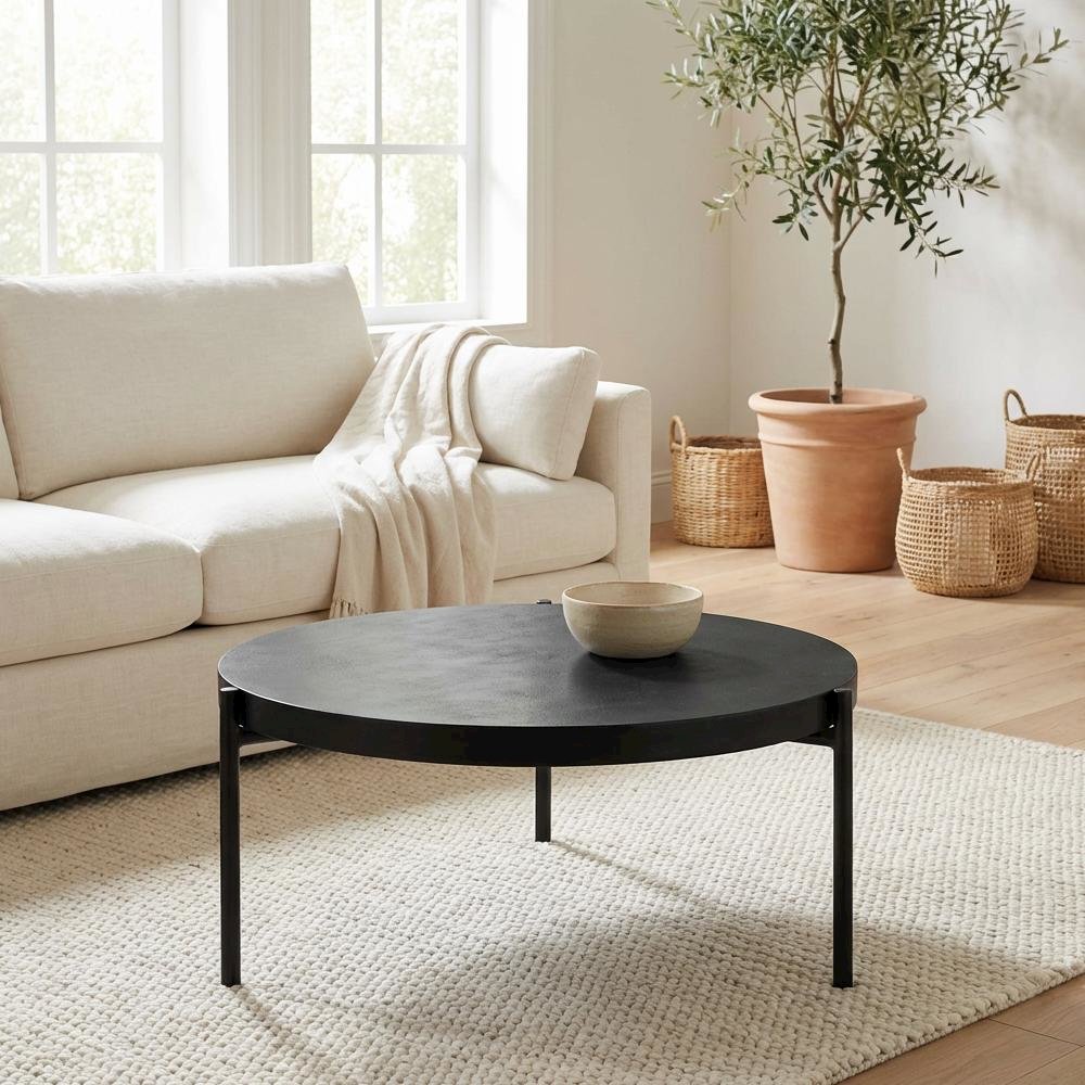 Black Concrete Outdoor Coffee Table with Steel Legs and Matte Hardware