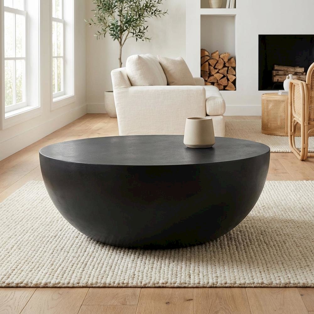 Black Concrete Coffee Table with Fibre Reinforced Cement Top, Contemporary Style