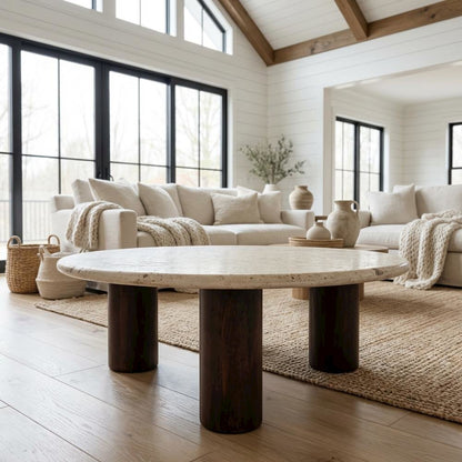 Beige Travertine Stone Coffee Table with Mango Wood Frame and Matte Finish