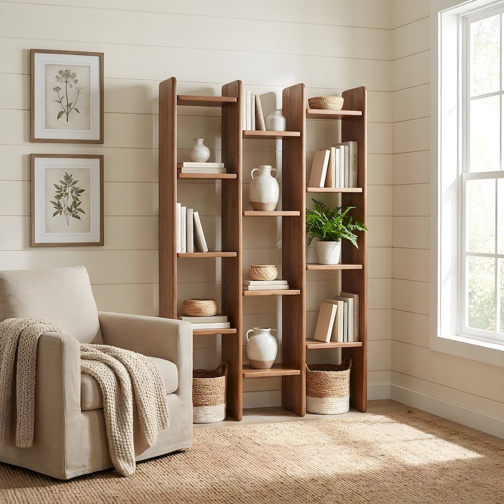 Solid Acacia Wood Open-Shelf Tall Bookcase with Dowel Joinery, 12 Shelves