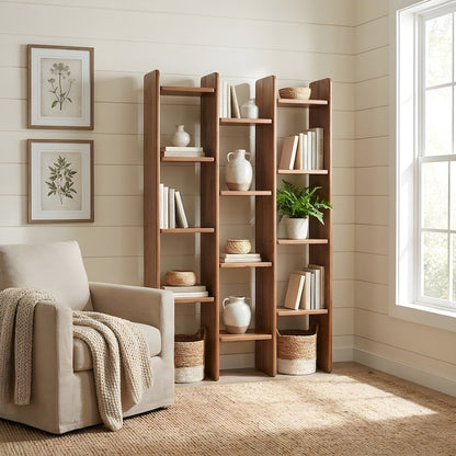 Solid Acacia Wood Open-Shelf Tall Bookcase with Dowel Joinery, 12 Shelves