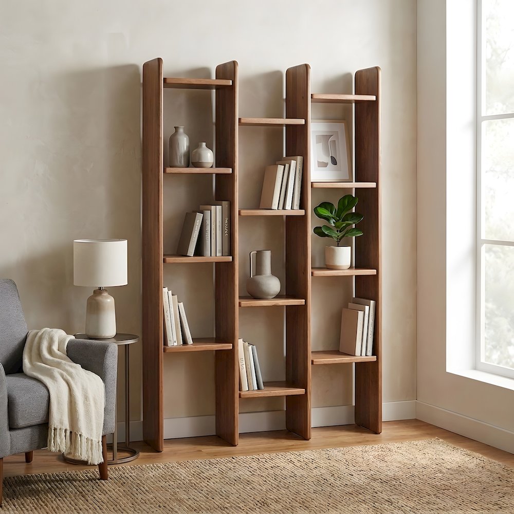 Solid Acacia Wood Open-Shelf Tall Bookcase with Dowel Joinery, 12 Shelves