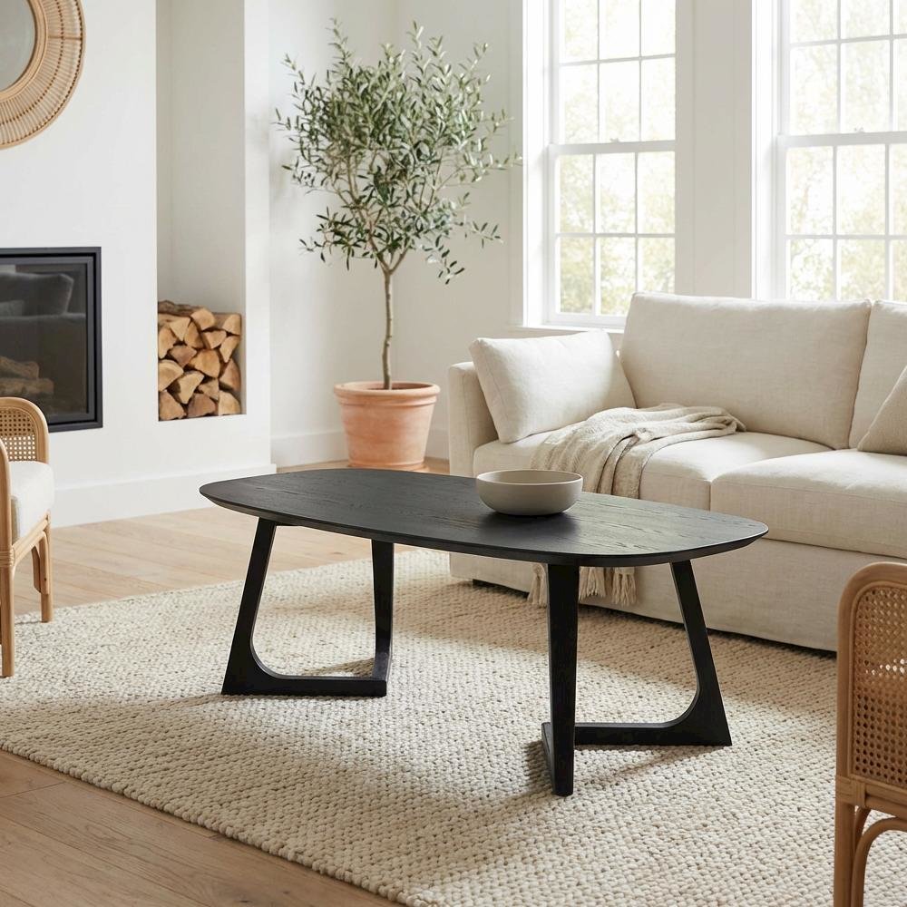 Black Solid White Ash Coffee Table Mid-Century Modern Wood Finish