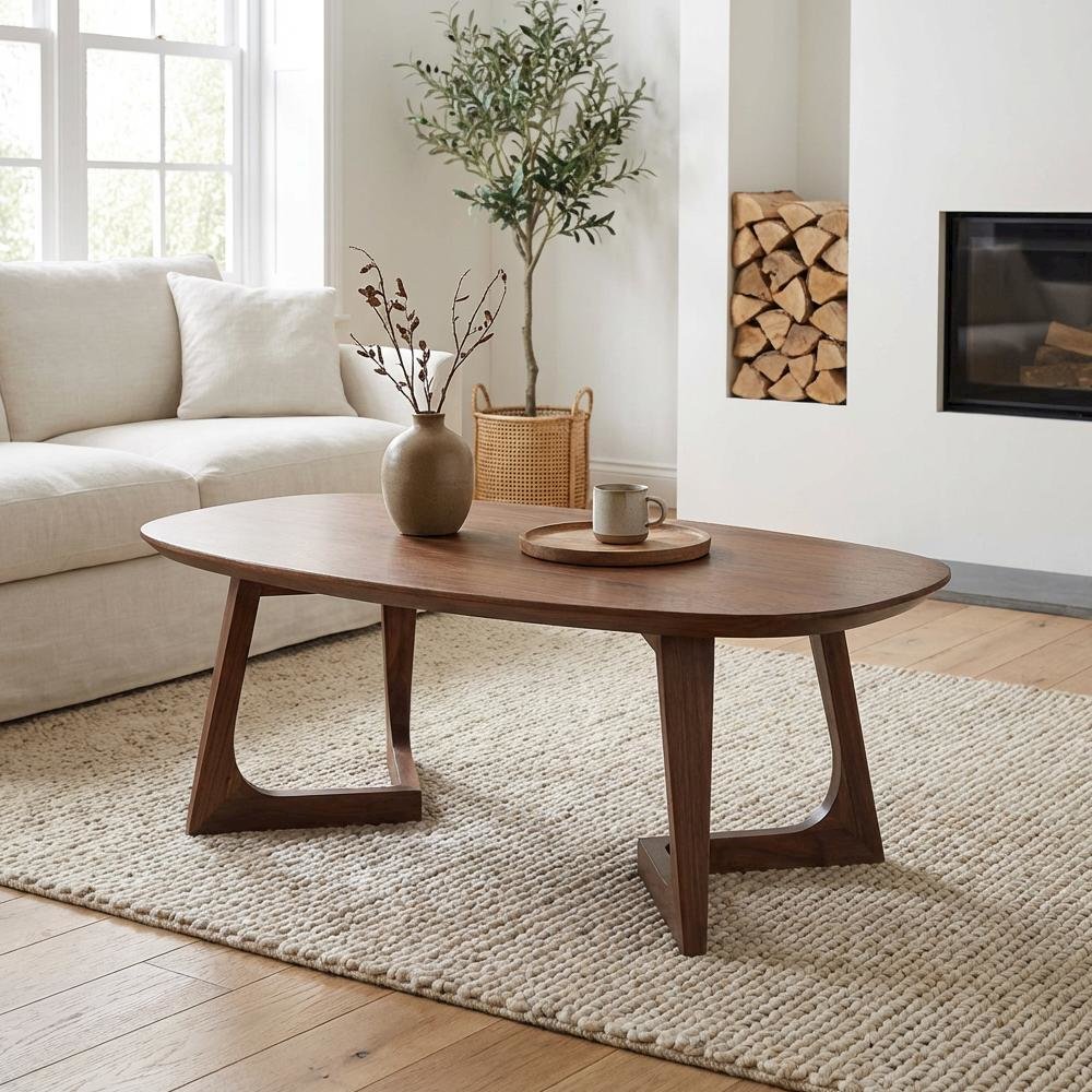 Small Brown Coffee Table Solid Walnut Top Mid-Century Modern Wood Design