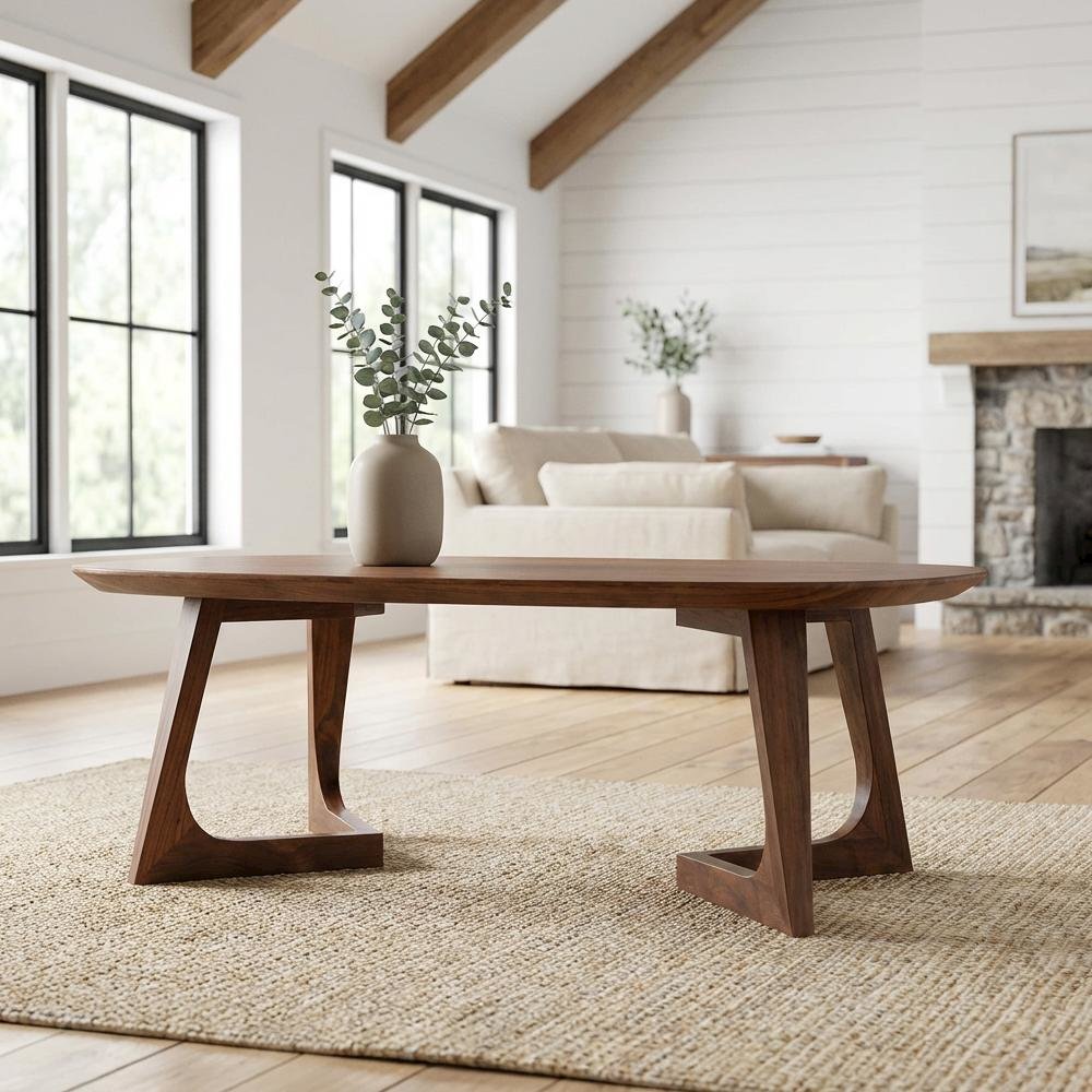 Small Brown Coffee Table Solid Walnut Top Mid-Century Modern Wood Design