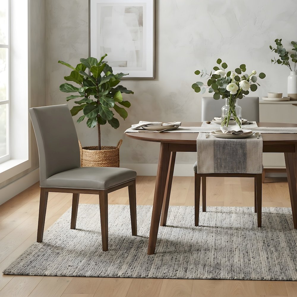 Top Grain Leather Armless Modern Dining Chair with Foam Cushioned Seat, Set of 2