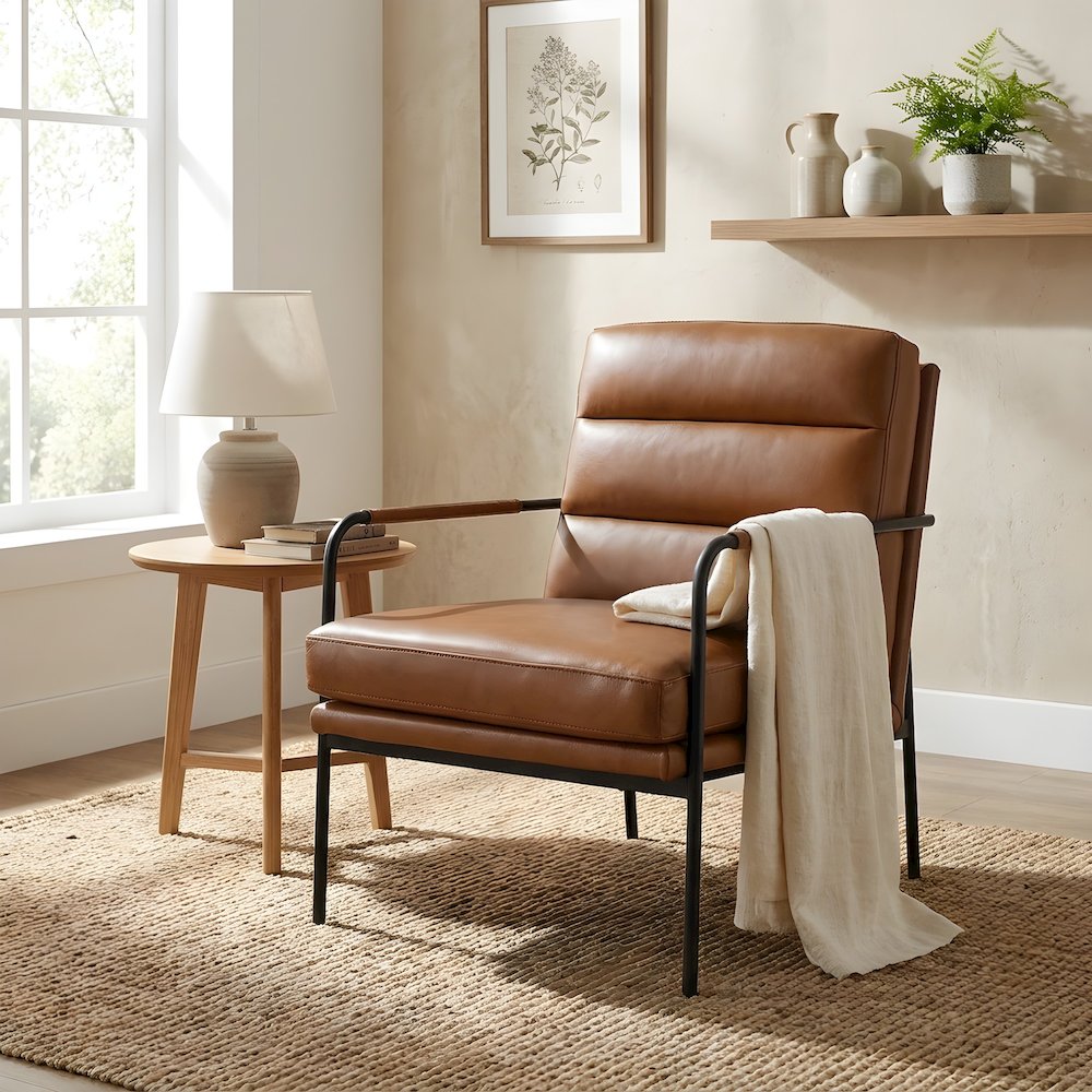 Top-Grain Leather Modern Accent Armchair with Metal Frame, Foam Cushions