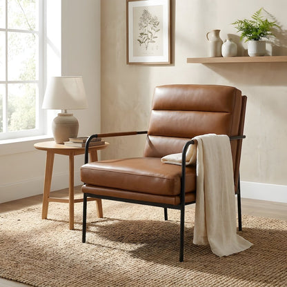 Top-Grain Leather Modern Accent Armchair with Metal Frame, Foam Cushions