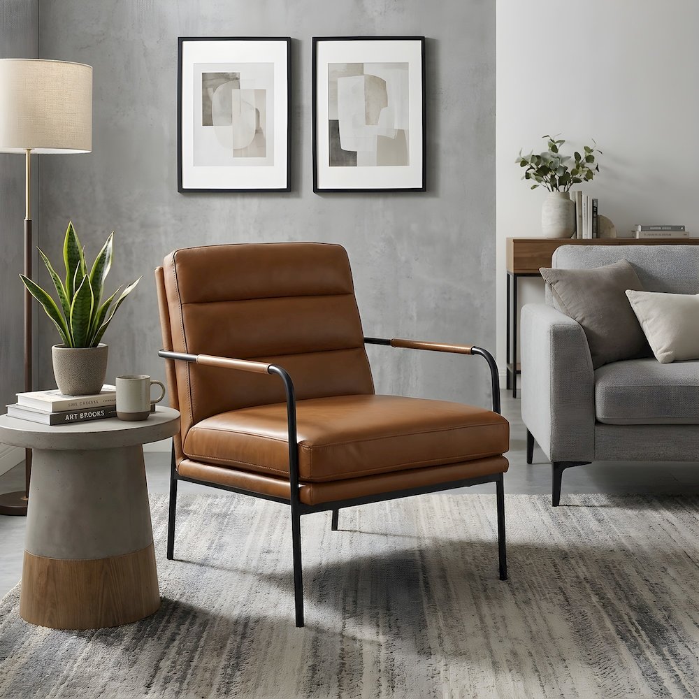 Top-Grain Leather Modern Accent Armchair with Metal Frame, Foam Cushions