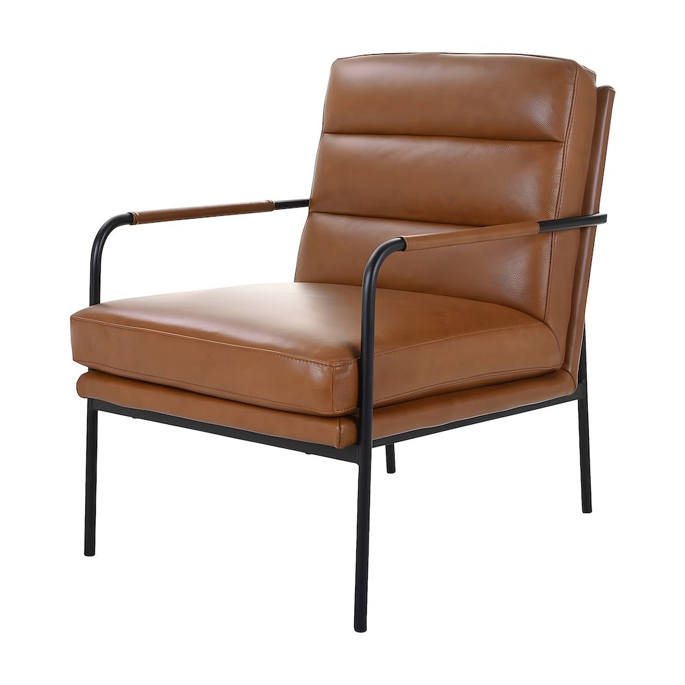Top-Grain Leather Modern Accent Armchair with Metal Frame, Foam Cushions