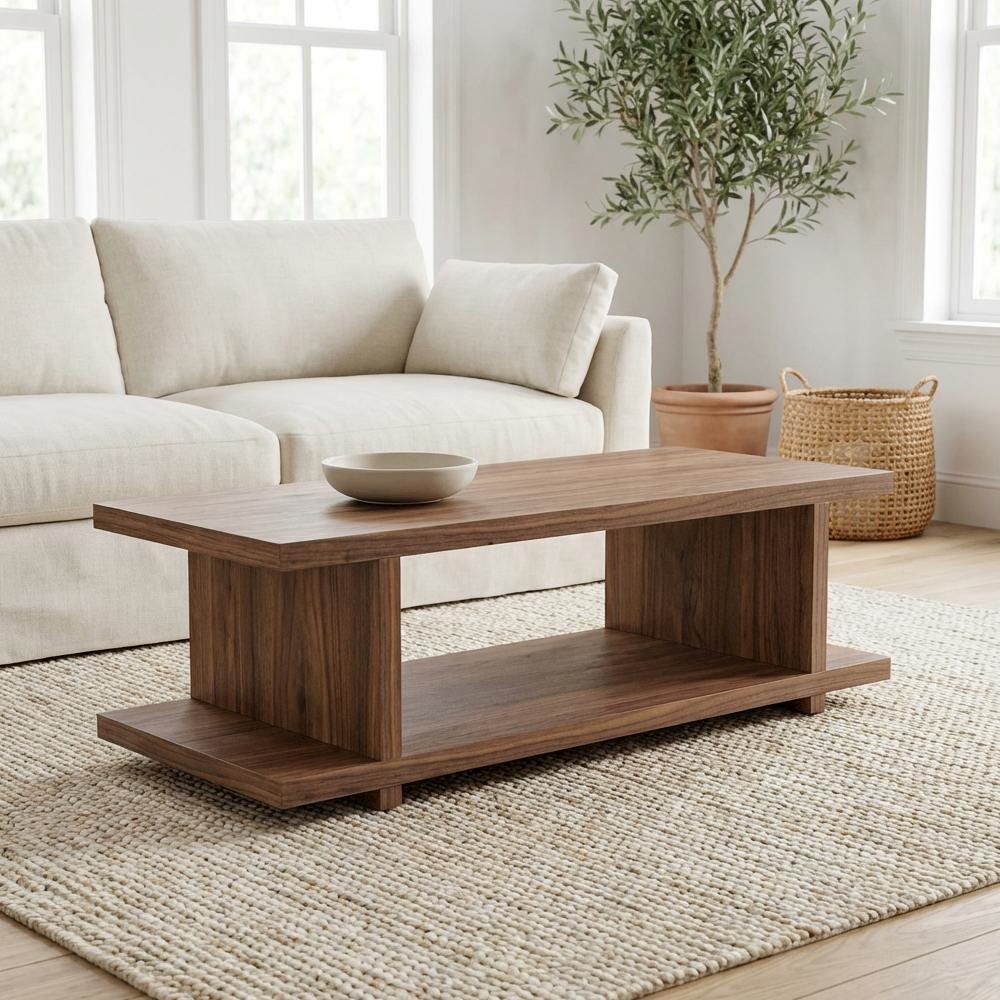 Brown Walnut Veneer Coffee Table with Matte MDF Frame and Open Storage