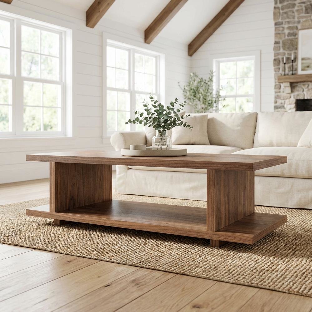 Brown Walnut Veneer Coffee Table with Matte MDF Frame and Open Storage