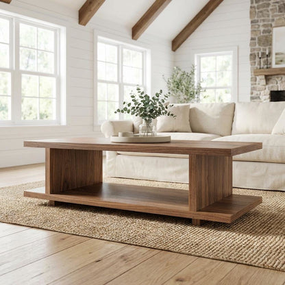 Brown Walnut Veneer Coffee Table with Matte MDF Frame and Open Storage