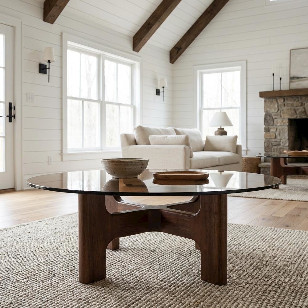 Brown Coffee Table with Amber Tempered Glass Top and Rubber Wood Legs