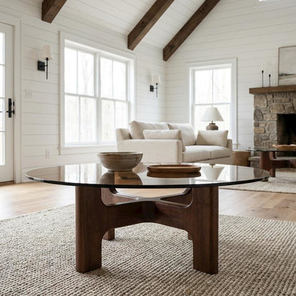 Brown Coffee Table with Amber Tempered Glass Top and Rubber Wood Legs