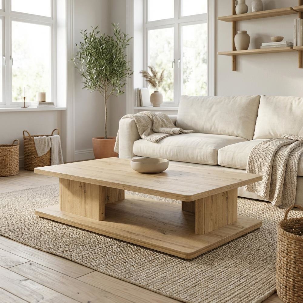 Brown Rustic Oak Coffee Table Solid Wood Thick Veneer Durable Surface
