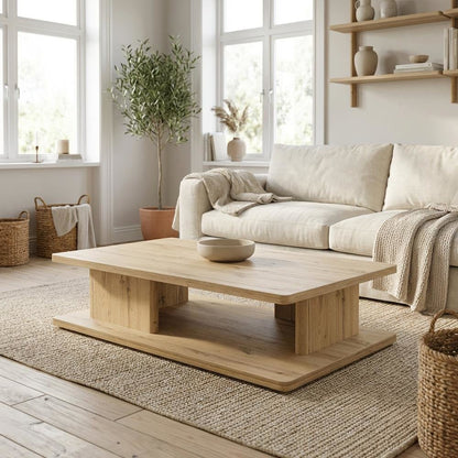 Brown Rustic Oak Coffee Table Solid Wood Thick Veneer Durable Surface