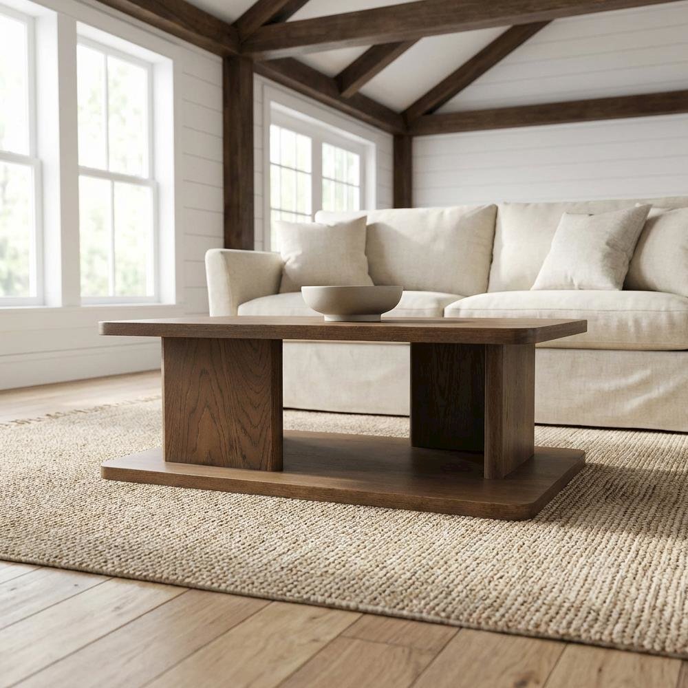 Brown Oak Veneer Coffee Table with Solid Oak Base and Durable Finish