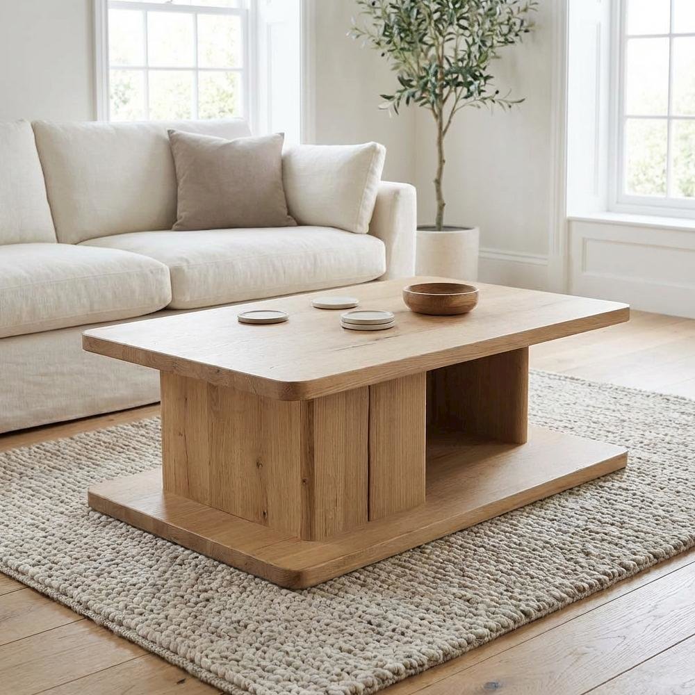Brown Rustic Oak Coffee Table with Solid Oak Base and Durable Veneer Surface