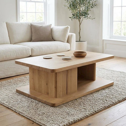 Brown Rustic Oak Coffee Table with Solid Oak Base and Durable Veneer Surface