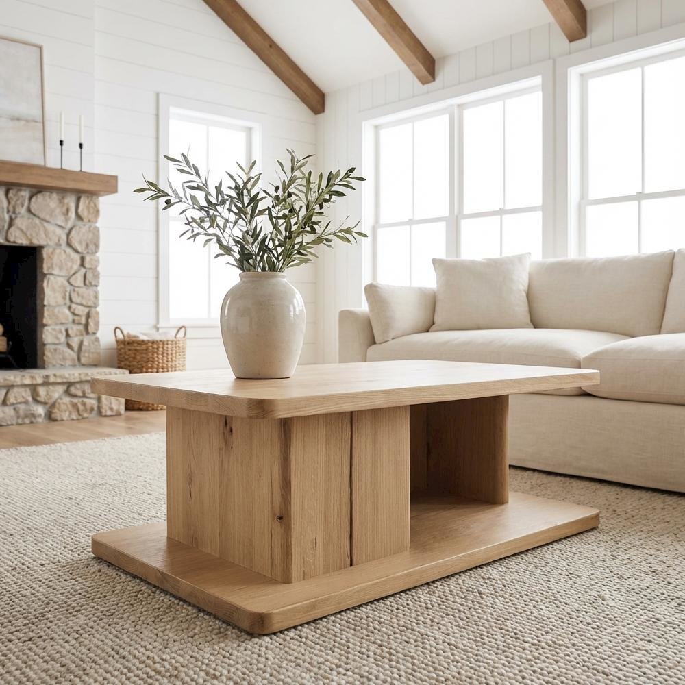 Brown Rustic Oak Coffee Table with Solid Oak Base and Durable Veneer Surface