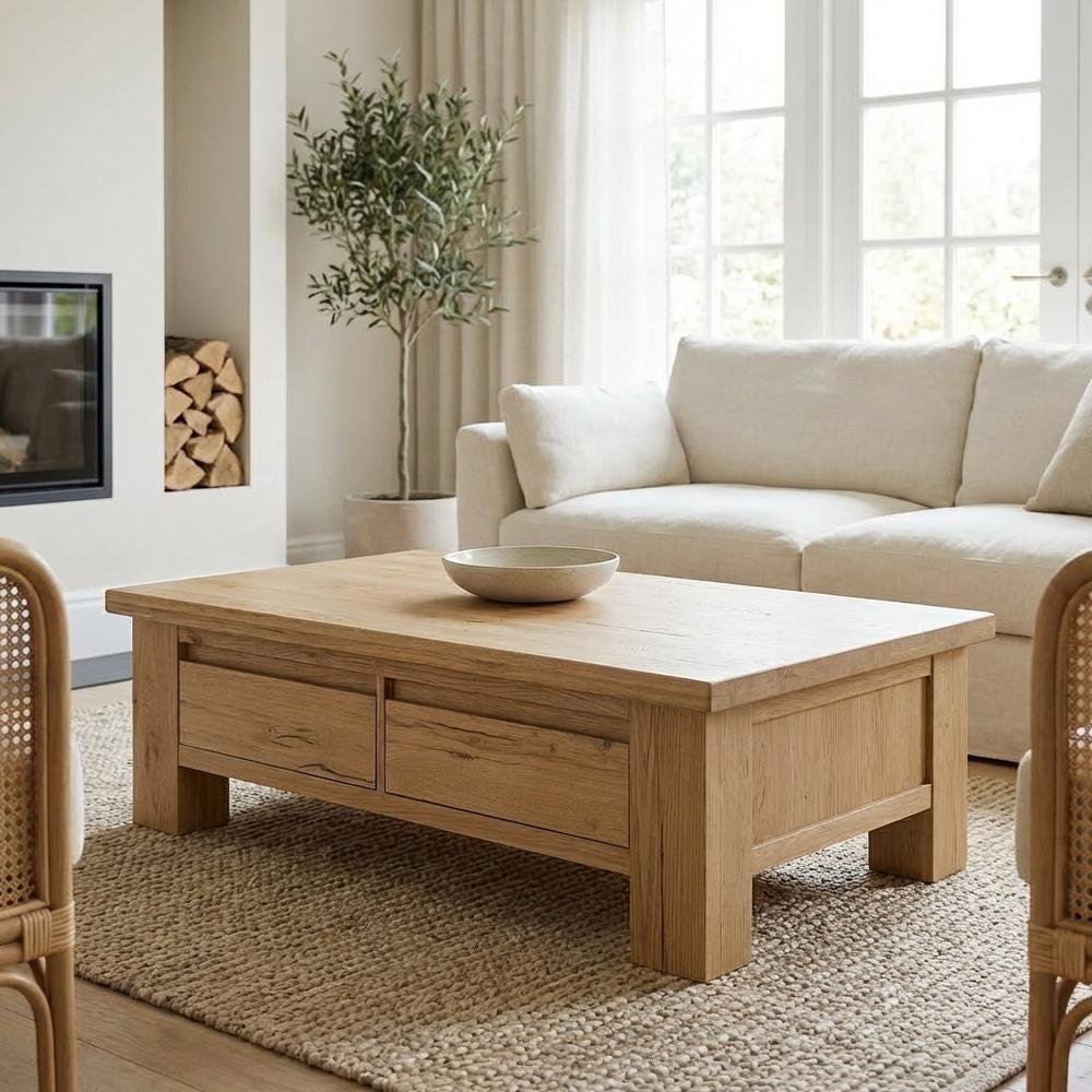 Brown Rustic Oak Coffee Table with Solid Wood Slider and Durable Veneer Surface