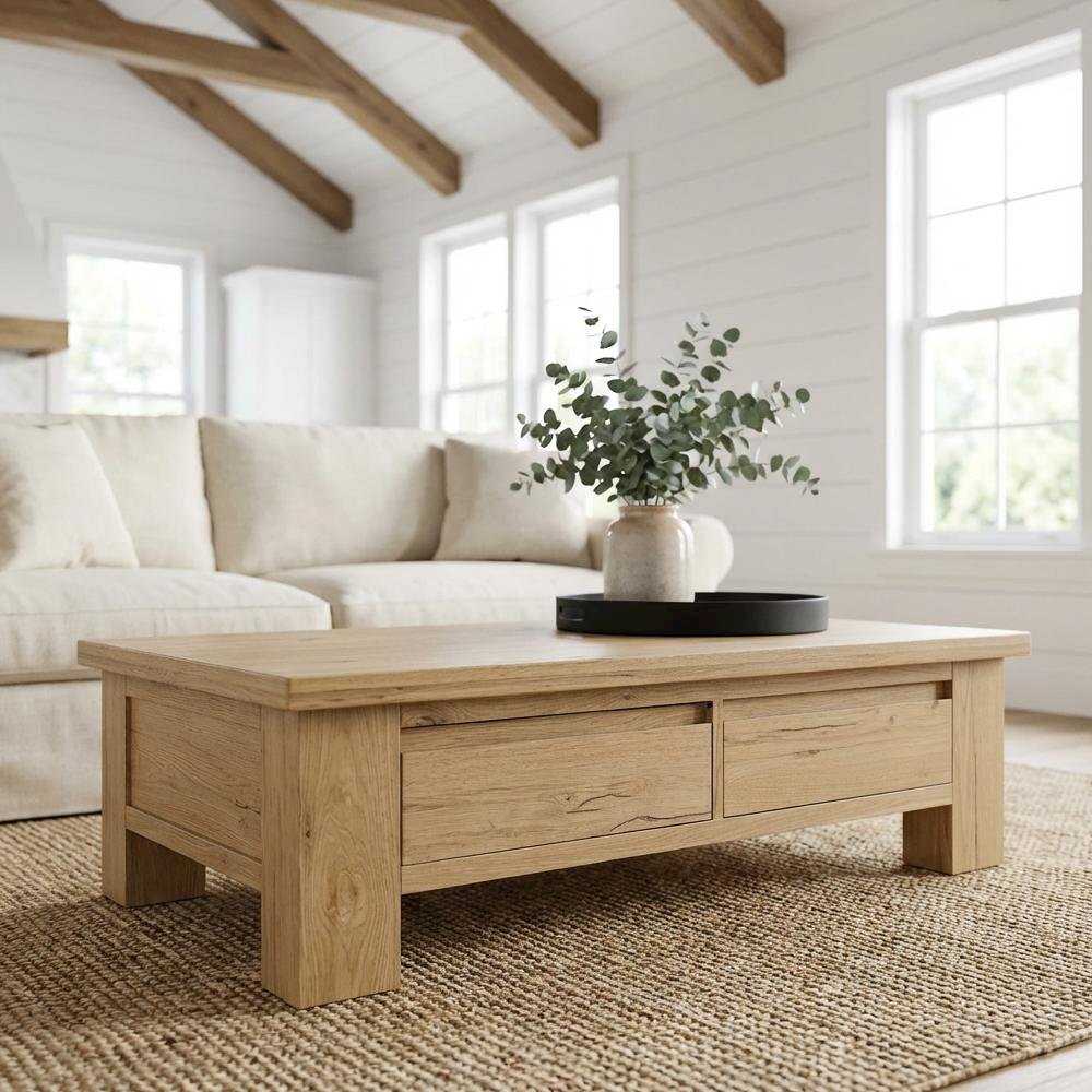 Brown Rustic Oak Coffee Table with Solid Wood Slider and Durable Veneer Surface