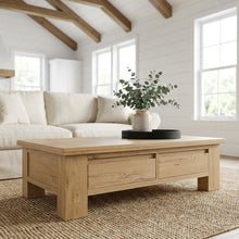 Brown Rustic Oak Coffee Table with Solid Wood Slider and Durable Veneer Surface