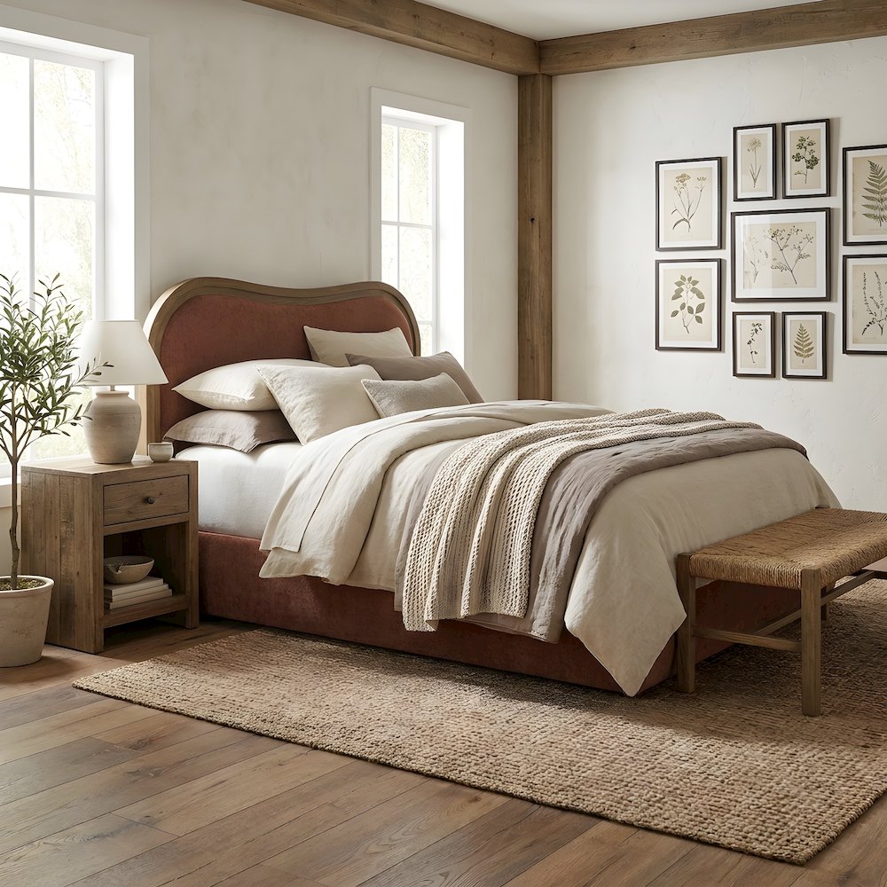 Ash Wood King Platform Bed with Upholstered Art Deco Wave Headboard, Slats