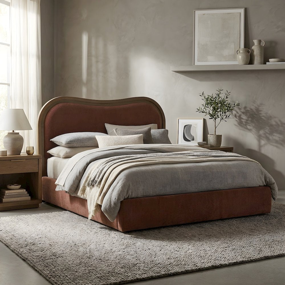 Ash Wood King Platform Bed with Upholstered Art Deco Wave Headboard, Slats