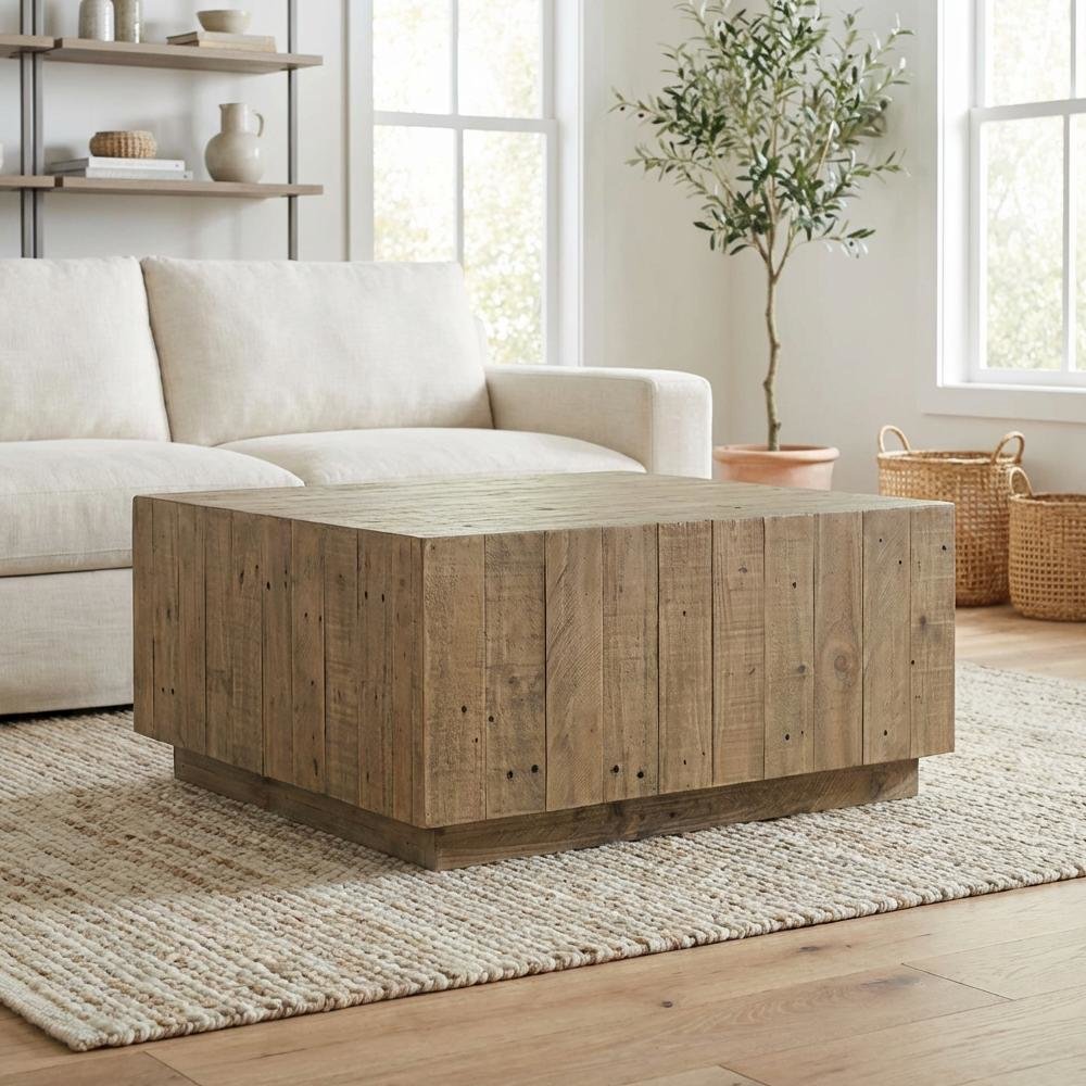 Brown Rustic Coffee Table with Solid Reclaimed Pine Top and Matt Finish
