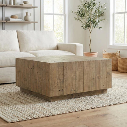 Brown Rustic Coffee Table with Solid Reclaimed Pine Top and Matt Finish
