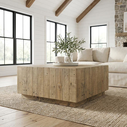 Brown Rustic Coffee Table with Solid Reclaimed Pine Top and Matt Finish