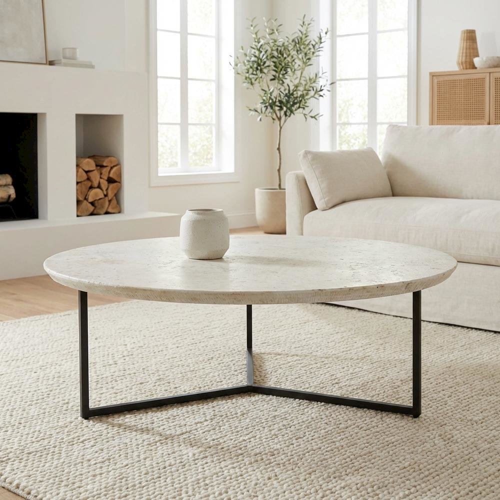 White Ombare Marble Top Coffee Table with Iron Frame Contemporary Design