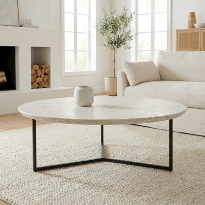 White Ombare Marble Top Coffee Table with Iron Frame Contemporary Design